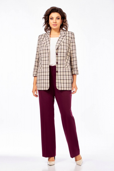 Брюки, жакет Ольга Стиль С-918 клетка-бордовый - фото 1