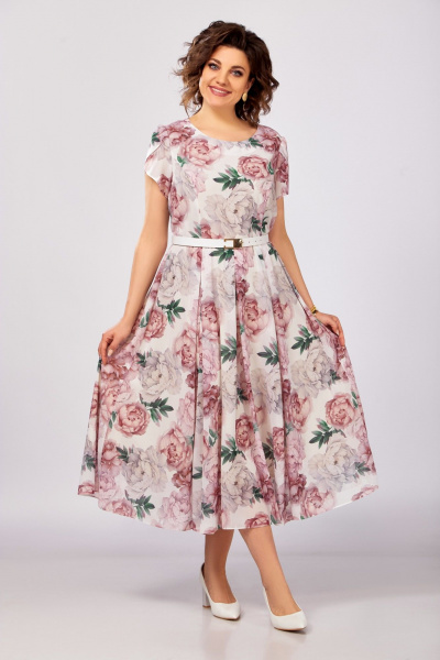 Платье Swallow 843.3 молочный/принт_бежевые_розовые_пионы - фото 3
