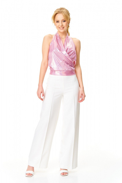 Брюки, топ T&N 7632 «галограмма»розовый+белый - фото 1