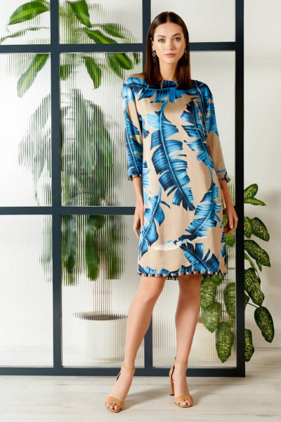 Платье Nelva 51400 бежево-синий принт - фото 2