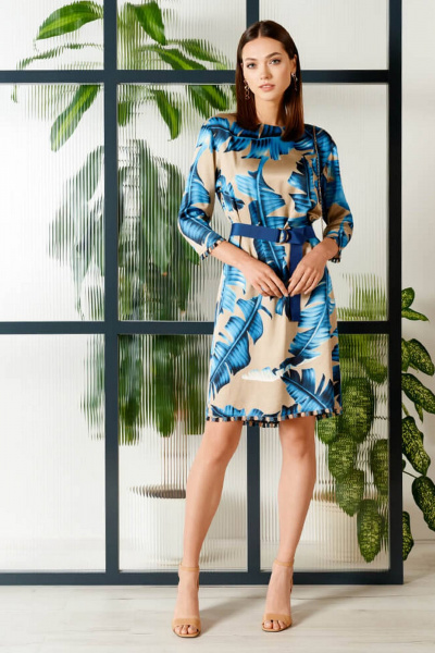 Платье Nelva 51400 бежево-синий принт - фото 1