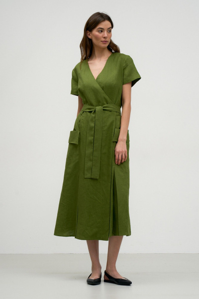 Льняное платье с V-образной горловиной и карманами на пуговицах Art Ribbon M3808P - фото 1