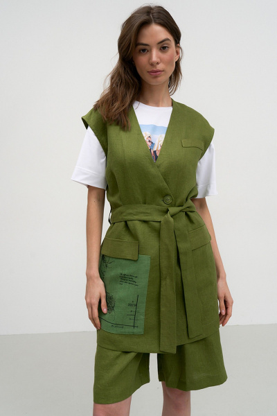Льняной жилет прямого силуэта с прорезным карманом Art Ribbon M3816J - фото 1