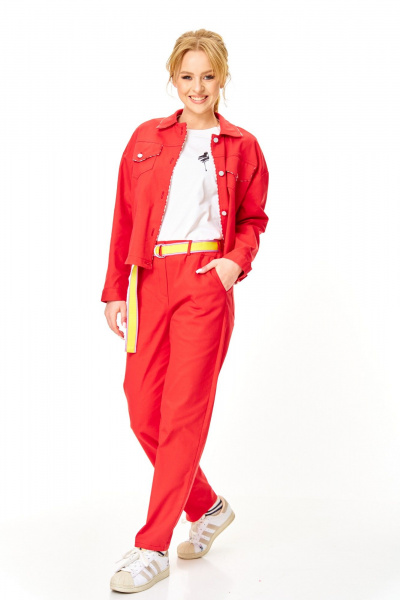 Брюки, жакет, ремень, футболка T&N 7642 белый+красный_коралл - фото 9