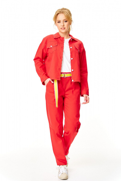 Брюки, жакет, ремень, футболка T&N 7642 белый+красный_коралл - фото 2