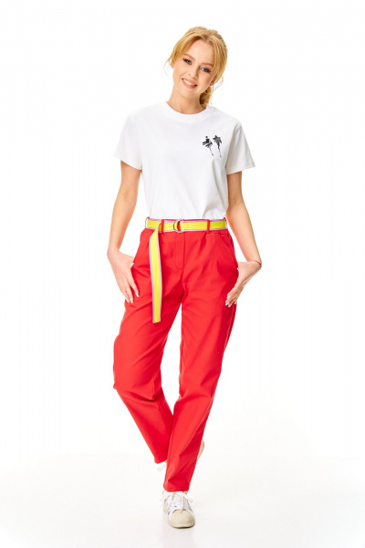 Брюки, жакет, ремень, футболка T&N 7642 белый+красный_коралл - фото 4