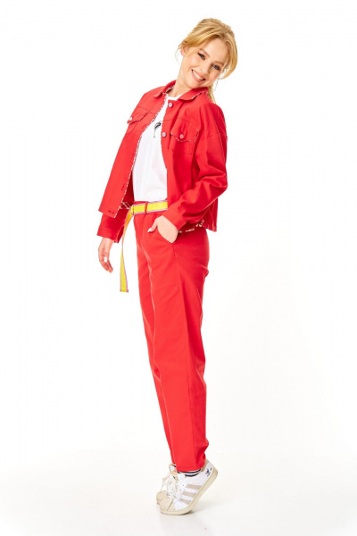 Брюки, жакет, ремень, футболка T&N 7642 белый+красный_коралл - фото 3