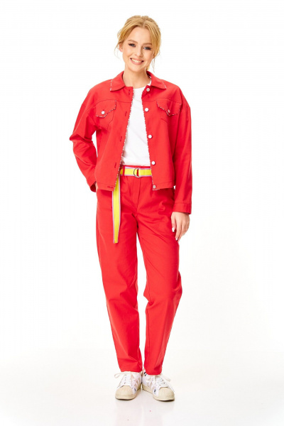 Брюки, жакет, ремень, футболка T&N 7642 белый+красный_коралл - фото 1