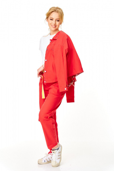 Брюки, жакет, ремень, футболка T&N 7642 белый+красный_коралл - фото 7