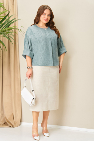 Блуза, жакет, юбка VOLNA 1411 бирюзово-бежеый - фото 2