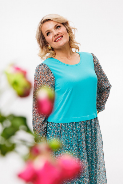 Платье приталенное из трикотажа и шифона для повседневной носки Anastasia 945.6 светло-бирюзовый - фото 7