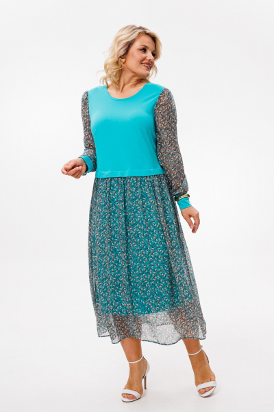 Платье приталенное из трикотажа и шифона для повседневной носки Anastasia 945.6 светло-бирюзовый - фото 4