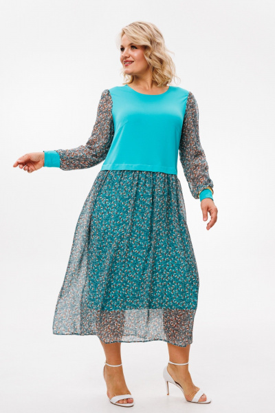 Платье приталенное из трикотажа и шифона для повседневной носки Anastasia 945.6 светло-бирюзовый - фото 3