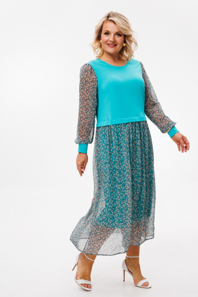 Платье приталенное из трикотажа и шифона для повседневной носки Anastasia 945.6 светло-бирюзовый - фото 2