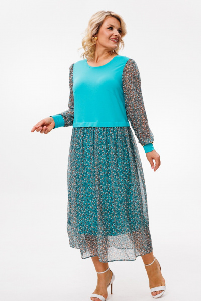 Платье приталенное из трикотажа и шифона для повседневной носки Anastasia 945.6 светло-бирюзовый - фото 1