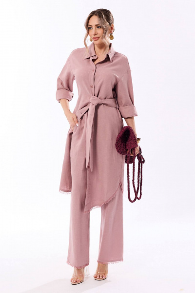 Брюки и туника из льняного текстиля с бахромой и карманами Golden Valley 6543 розовый - фото 2