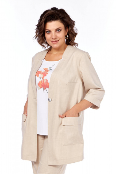 Комплект из блузы, брюк и жакета, демисезон, свободный стиль Tensi 372 бежево-оливковый+белый - фото 10