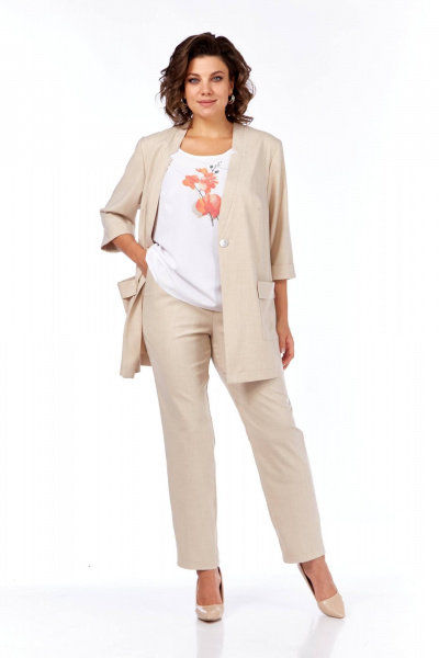 Комплект из блузы, брюк и жакета, демисезон, свободный стиль Tensi 372 бежево-оливковый+белый - фото 7