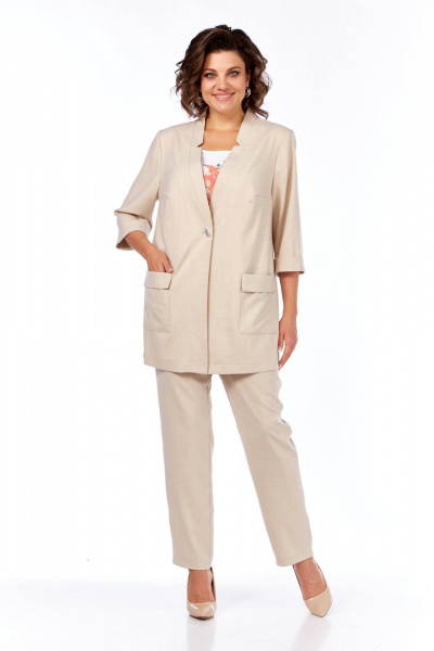 Комплект из блузы, брюк и жакета, демисезон, свободный стиль Tensi 372 бежево-оливковый+белый - фото 1