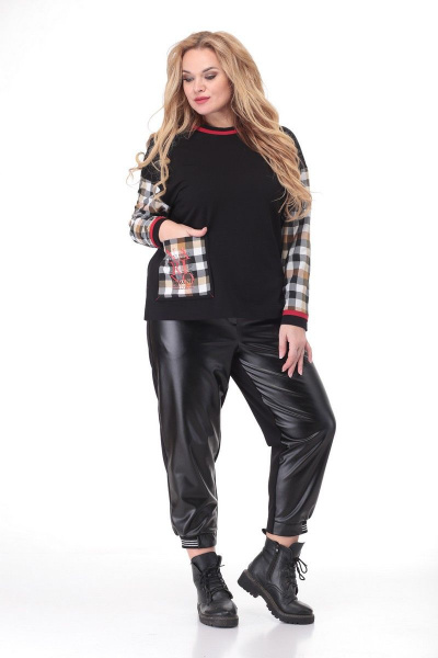 Демисезонный костюм из трикотажа и экокожи с брюками Кэтисбел 2492 черный - фото 2