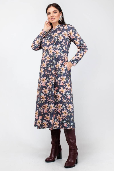 Платье трапеция из тканевого полотна с карманами и вытачками La rouge 5341 графит-(цветы) - фото 2