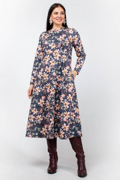 Платье трапеция из тканевого полотна с карманами и вытачками La rouge 5341 графит-(цветы) - фото 1