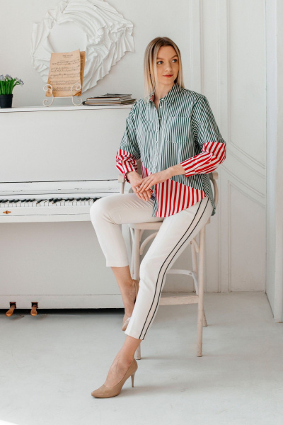 Рубашка Shymoda М_438-25 зелёная/красная/белая_полоска - фото 2