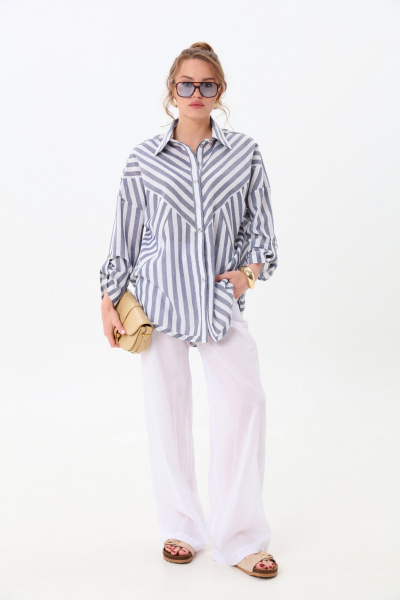Брюки, рубашка NikVa 961-3 молоко+сине-белые полосы - фото 1