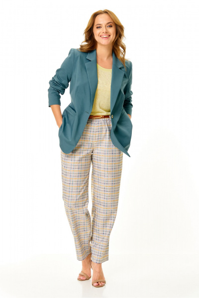 Брюки, жакет, ремень, футболка T&N 7651 темная_волна_цветная_клеточка_лайм - фото 9