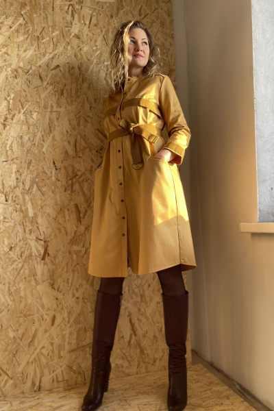 Платье горчичного цвета с отделкой тесьмой Pavlova 095 - фото 1