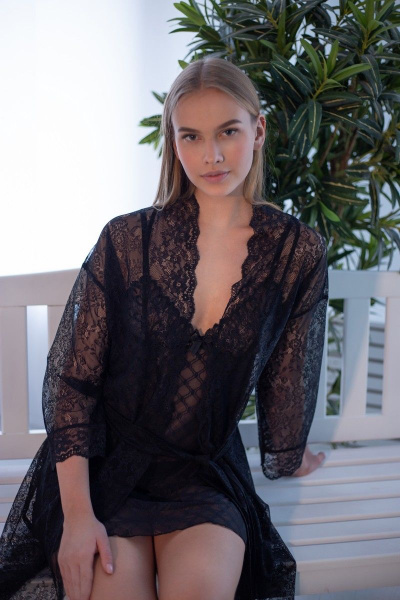 Черный пеньюар из эластичного кружевного полотна Verally 371-1 черный - фото 1