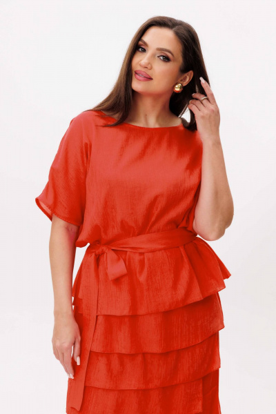 Летний комплект блузы и юбки из вискозы с эффектными воланами Fantazia Mod 4473 апельсин - фото 4