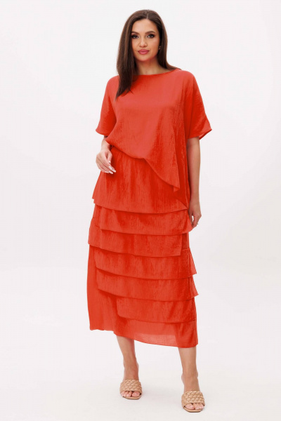 Летний комплект блузы и юбки из вискозы с эффектными воланами Fantazia Mod 4473 апельсин - фото 1