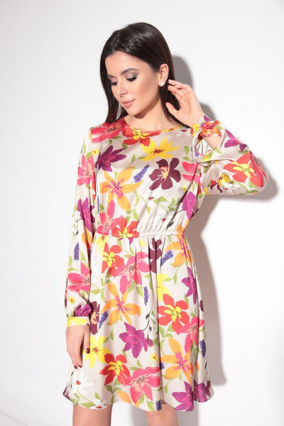 Платье с ярким цветочным принтом и резинкой на талии Michel chic 2044 цветочки - фото 1