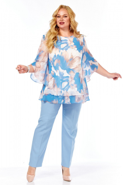 Блуза, брюки Элль-стиль 2213.7 голубой_принт_цветы_брюки_голубые - фото 17