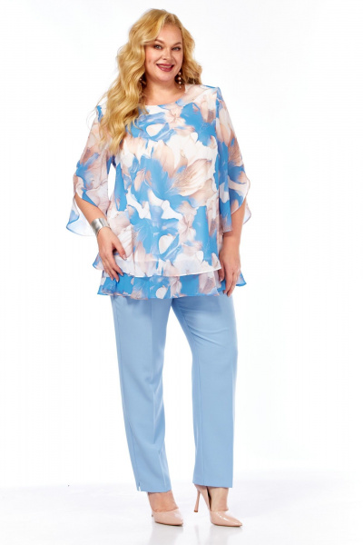 Блуза, брюки Элль-стиль 2213.7 голубой_принт_цветы_брюки_голубые - фото 16