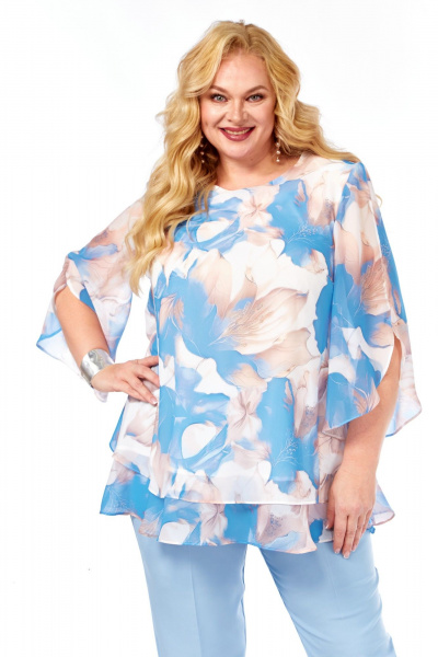 Блуза, брюки Элль-стиль 2213.7 голубой_принт_цветы_брюки_голубые - фото 7