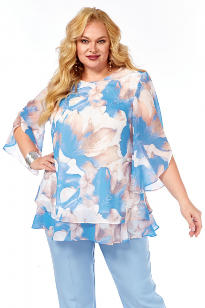 Блуза, брюки Элль-стиль 2213.7 голубой_принт_цветы_брюки_голубые - фото 3