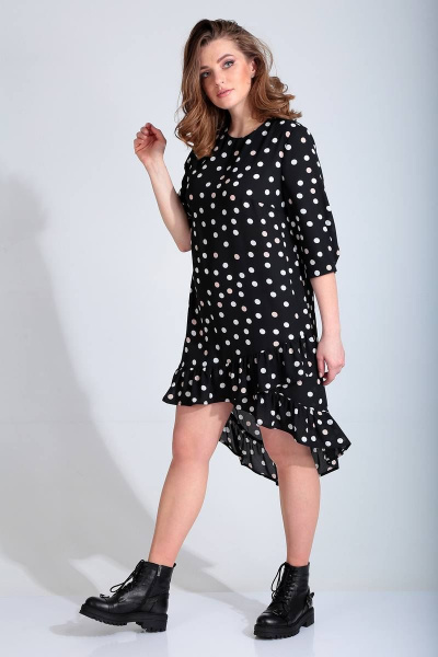 Демисезонное свободное платье из текстиля с рюшей Liona Style 778 черный_в_горох - фото 1