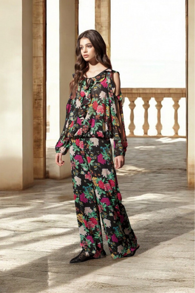 Плавные брюки-палаццо из шифоновой ткани с цветочным принтом Nova Line 4608 цветы - фото 1