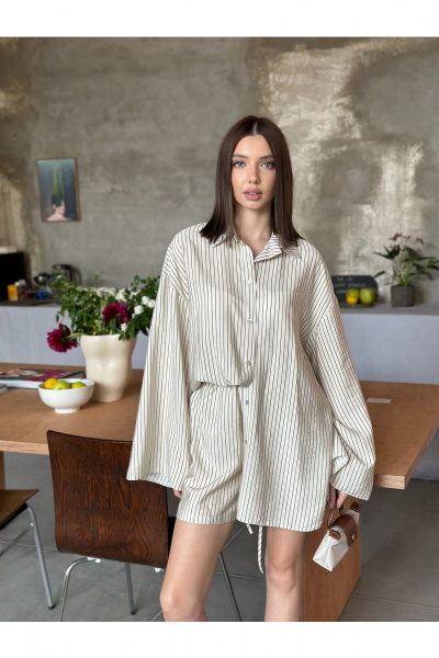 Рубашка, шорты THE.WOMAN 0323 бежевый_черная_полоска - фото 3