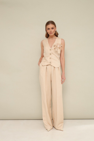 Бежевый летний комплект жилет и свободные брюки из текстиля PUR PUR 11-180/3 - фото 1