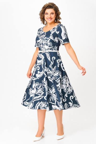 Платье Swallow 856 глубинно-синий/принт_белые_цветы - фото 3