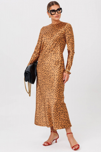 Макси-платье из атласа с расклешенными рукавами Anastasia 1184 золото(принт_леопард) - фото 2