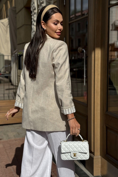 Бежевый летний жакет из льняной ткани с отложными лацканами Urs 22-990-1 - фото 3