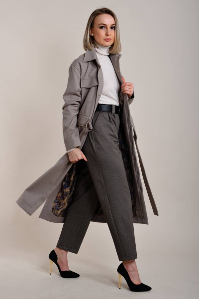 Серое пальто прямого кроя с поясом и накладными карманами Winkler’s World 646 серый - фото 5