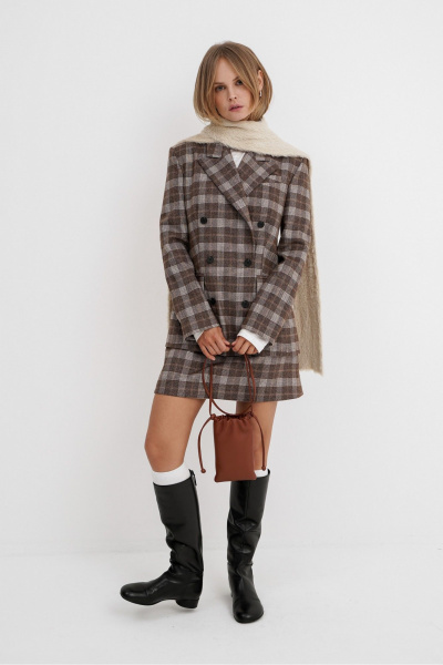Костюм-двойка жакет и мини-юбка в клетку из текстиля PiRS 5756 коричневый - фото 1