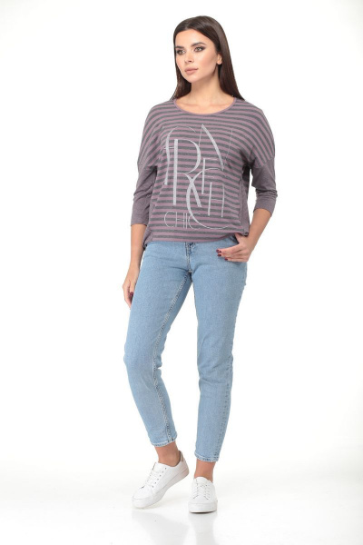 Джемпер свободный из вискозы с печатью для демисезона LadyThreeStars 1911 сирень+ полоски - фото 1