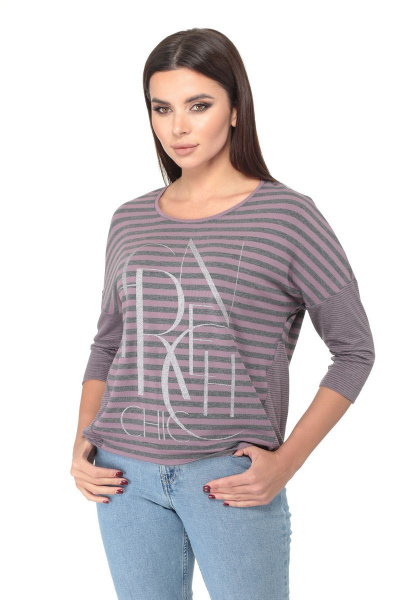 Джемпер свободный из вискозы с печатью для демисезона LadyThreeStars 1911 сирень+ полоски - фото 2