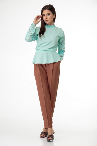 Блуза из кружевной ткани с открытыми плечами, демисезон Anelli 495 мята - фото 8